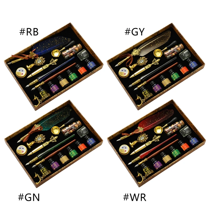 

Classic Calligraphy Feather Pen Wax Ink Seal Stamp Set Vintage Wood Dip Pen 6Pcs Ink Bottles Gift for students Adult