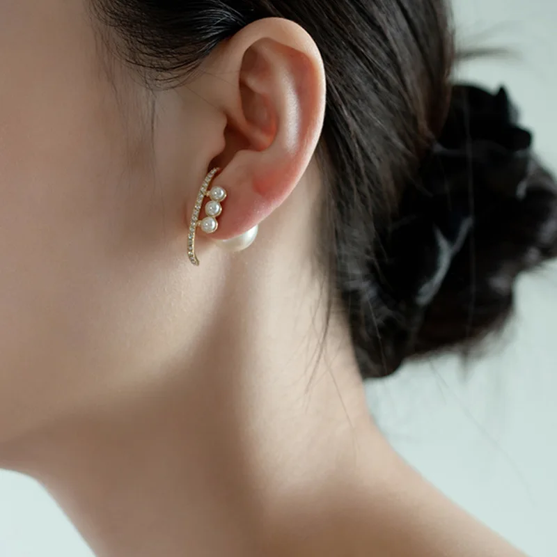 

Silver Color Cubic Zircon Double Pearl Stud Earrings Two Wear Ways Women boucle d'oreille