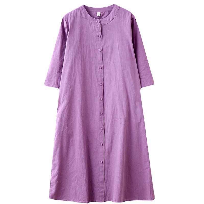 

2021 Spring and Summer Artistic Retro Slimming Belt Cotton Linen Half-Length Sleeve Dress Solid Base Loose-Fitting Mid-Length
