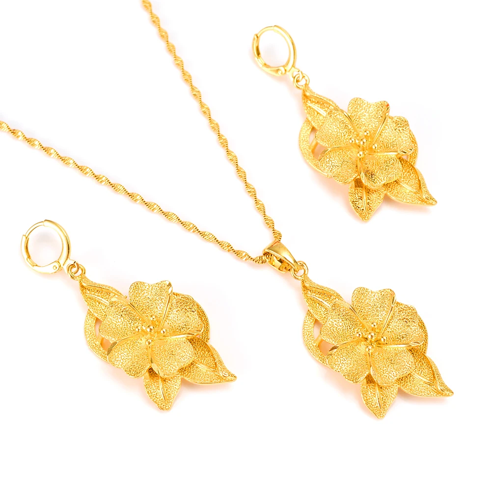 

Gold african New Bride's big Flower Pendant earrings Statement Necklace Jewelry Sets for women girls party Romantic fine gifts