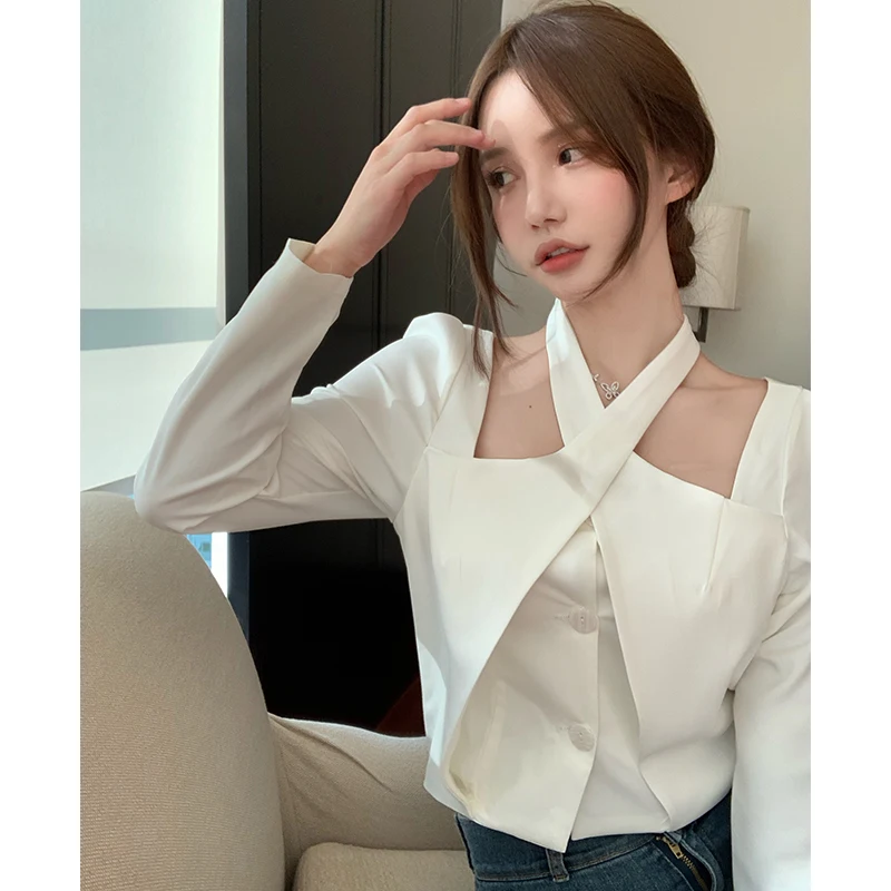 

Harbour Wind Temperament Casual Shirts Women's Clothing Blouses All-match Halter Long Sleeve New Spring/Autumn Korean Clothes