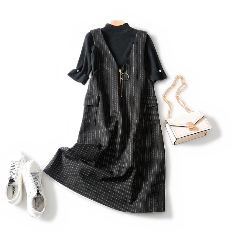 Элегантный и Connotation легкий элегантный темно вертикальная рубашка платье вязаный