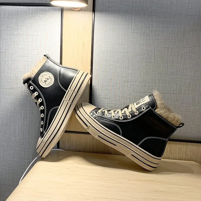 

Waterproof High Top Ankle Shoes Women Winter Plush Fur Warm Sneakers Platform 2021 Winter New White Shoes Casual Female Shoe