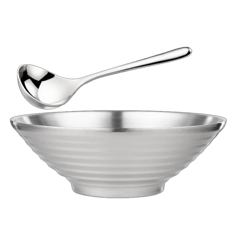 1 Pcs 304 Stainless Steel Double Layer Ramen Noodle Bowl with Spoon for Udon Soba Pho Pasta Salad Cereal (9.5-Inch) | Дом и сад