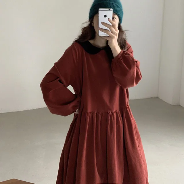 

Винтажное зимнее Новое Женское платье VANOVICH 2022, однотонное женское платье с длинным рукавом и круглым вырезом, вельветовое платье, женская о...