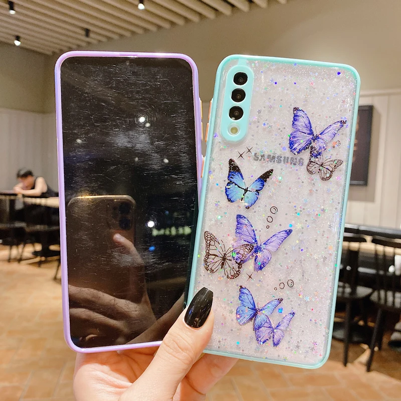 

Funda de telefono a prueba de golpes para Samsung, funda transparente con purpurina, epoxi, mariposa, para Samsung A51, A71, A50