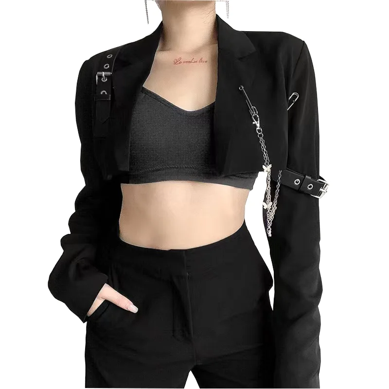 

Fashion Streetwear Punk Chain Women Jacket Autumn Casual Black Cropped Jacktes For Woman Sexy Long Sleeve 90s Lady Short Coat