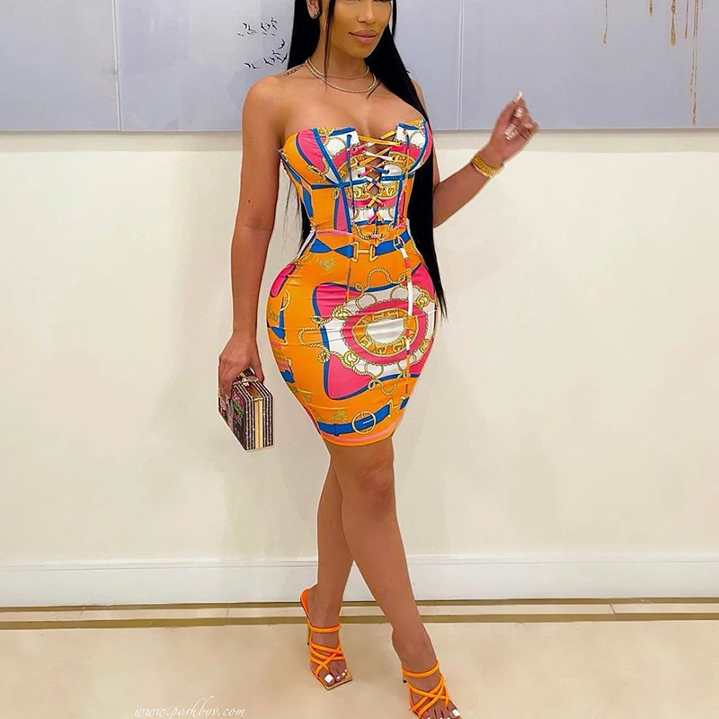 

Sexy Off Shoulder Lace Up Front Vintage Bodycon printing Mini Dress