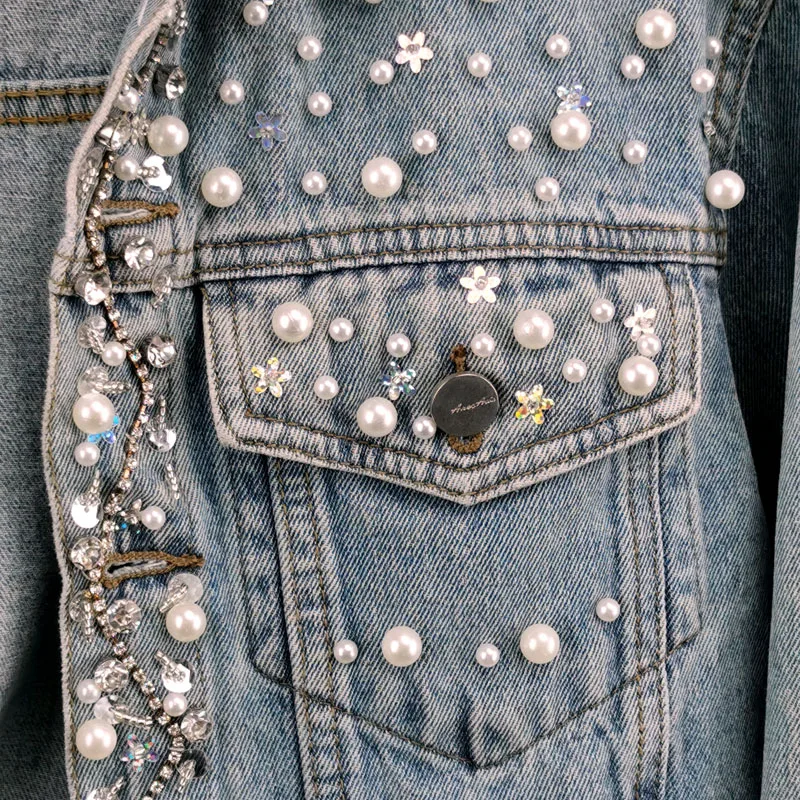 

Female's Spring Autumn Denim Jacket Beaded Sequin Jeans Jacket Long-Sleeved Single-Breasted Jacket Outerwear Women Denim Coat