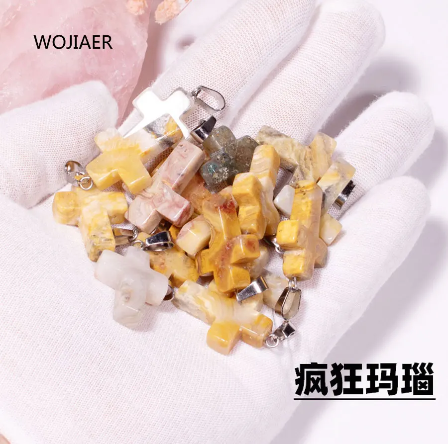 

WOJIAER Stylish Natural Crazy Onyx Gem Stone Cross Pendant Pendulum Stone 25x18x6mm Energy Handmade Jewelry 1PCS ZM0488