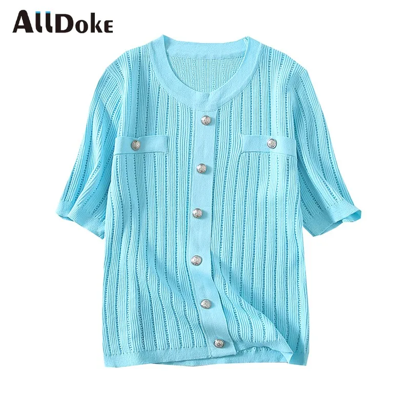 

Alldoke Summer Knitted Blouses Women O-neck Puff Sleeve Single-breasted Blouse Femme Ladies Vintage Solid Knit Blusas Tops Mujer