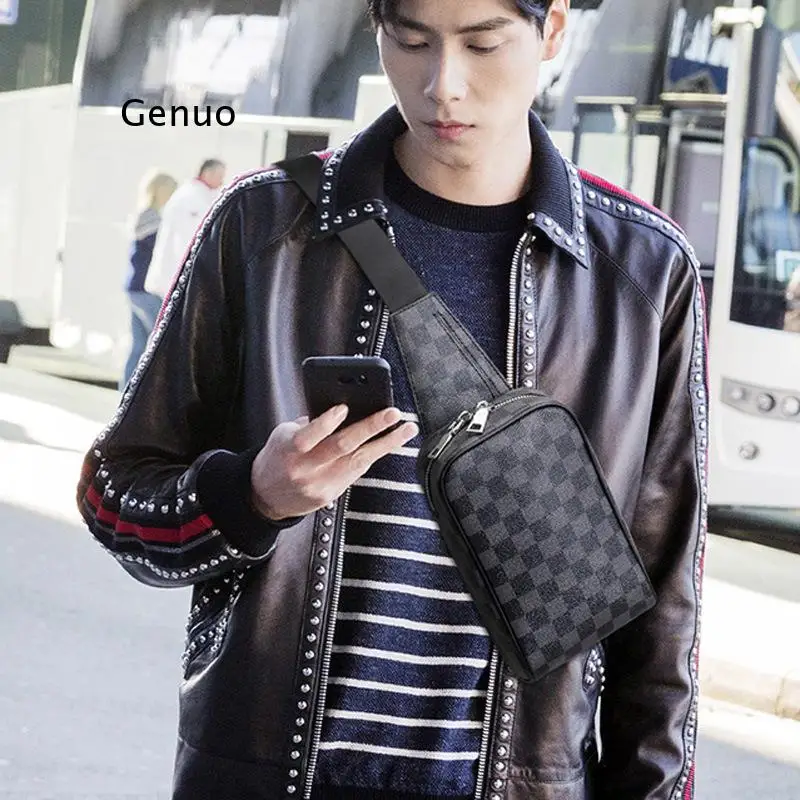 

Fashion Men Messenger Shoulder Bags Unisex Plaid Zipper Softbelt Bag Chest Bag