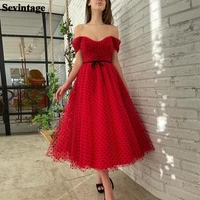 sevintage red black dots tulle midi prom dresses a line pleats evening party gowns with sashes off shoulder formal prom gowns