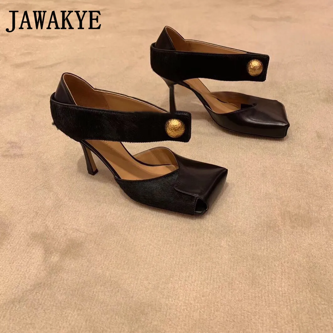 black buckle Кожаные сандалии-гладиаторы из конского волоса; женская обувь на высоком каблуке с квадратным носком; женские пикантные вечерние туфли с металлической пряжкой спереди - Цвет: black buckle