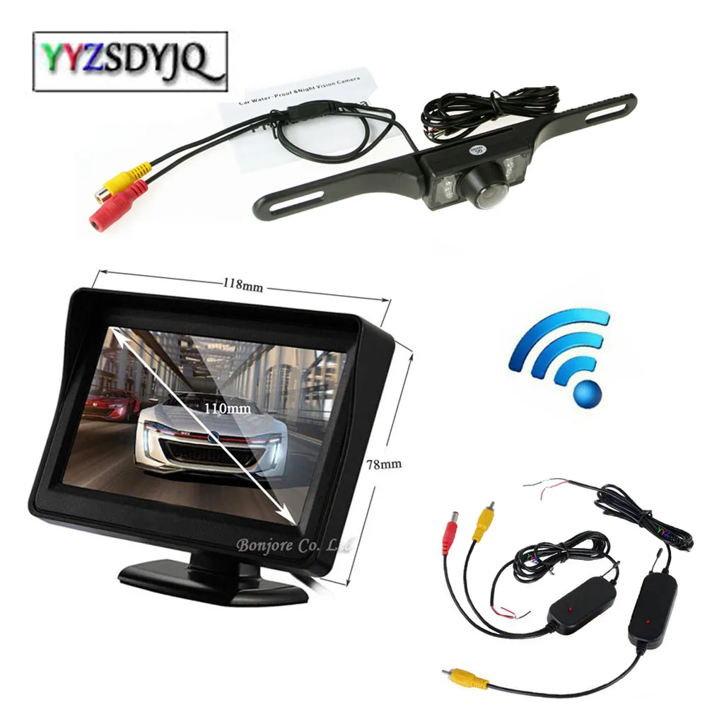 

YeHeng store 4.3 inch Auto Video Parking Reverse Display Monitor + Wireless Car Backup CCD Camera Rear View System Night Vision