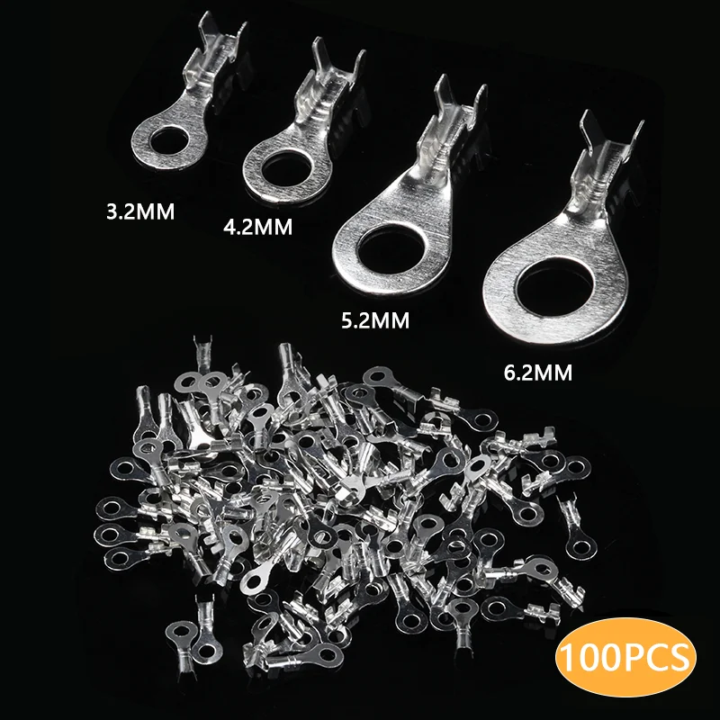 100PCS/set Non-insulated Ring Cable Lugs Terminals Naked Connector 3.2-6.2mm Wire Connectors Brass Terminals Kit