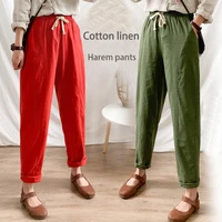 summer womens pants cotton linen large size casual loose ankle length capri pants drawstring harem pants womens wide trousers