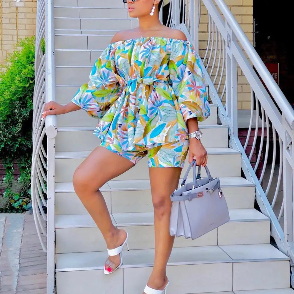 

Women Two Pieces Sets Blouse Tops and Short Pants Sets Print Slash Neck Lantern Sleeve Shirts Causal Mini Trousers Sets Elegant