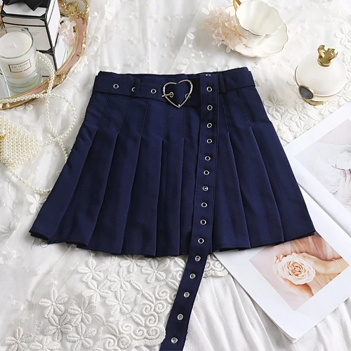 Dark Blue New Summer Women Pleated Skirt High Waisted Heart Shape Sashes Women Pleated Short Skirt High Quality - Цвет: Dark Blue
