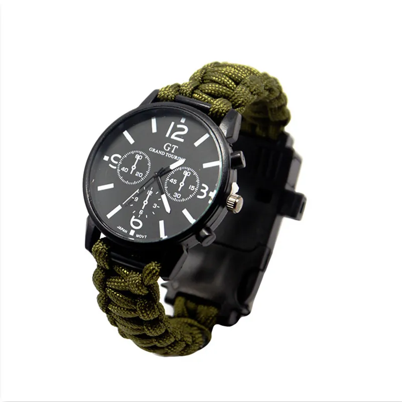 Green with box Открытый многофункциональный кемпинг выживания часы инструменты с светодиодный светильник 550Ibs Паракорд компас свисток отражатель - Цвет: Green with box