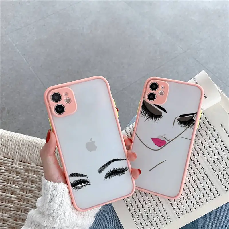 

Beauty face sexy eye smile Phone Case For iPhone 12 11 Mini Pro XR XS Max 7 8 Plus X Matte transparent Pink Cover