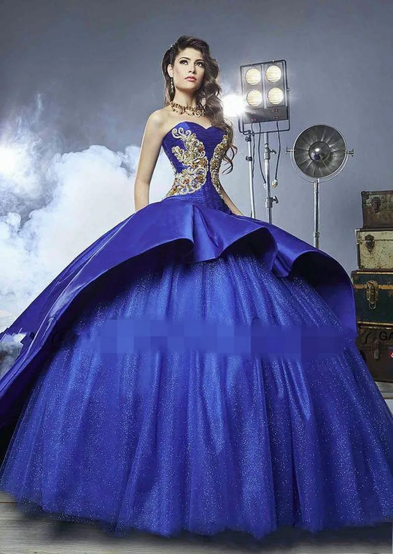 

Luxury Gold Appliques Quinceanera Dresses with Peplum 2020 Masquerade Ball Gown Royal Blue Sweety 16 Girls Prom Party Gowns