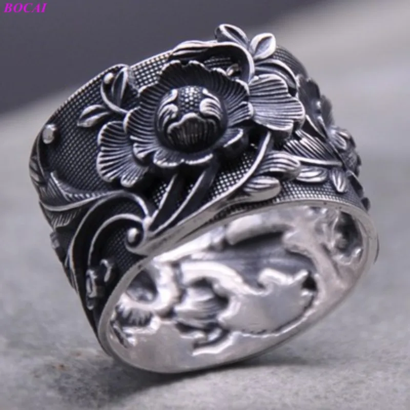 

S999 Sterling Silver Rings Vintage Craft Open Peony Female Models Embossed Thai Silver Flower Rings For Women
