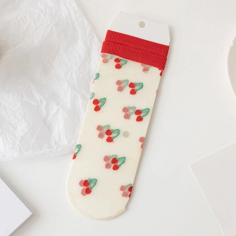 

New Cute Ultra-thin Glass Silk Printed Fruit Transparent Funny Socks Avocado Cherry Pineapple Mesh Short Socks Harajuku Socks
