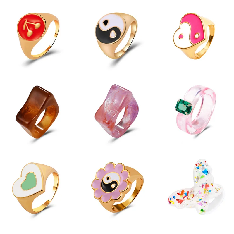 

New Colorful Geometry Chunky Enamel Rings Trendy Colorful Flower Finger Ring Colorful for Women Kids Ring Stacked Girls Children