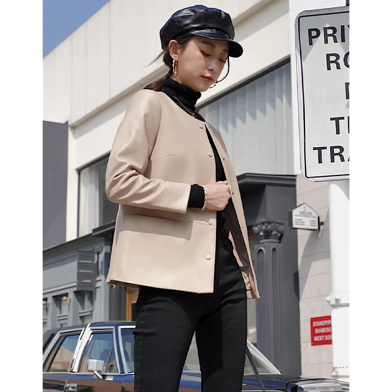 Spring Autumn Fashion New Sheepskin Jacket for Women Leather Casual Round Neck Khaki Sheath Short Covered Button High-end Coat