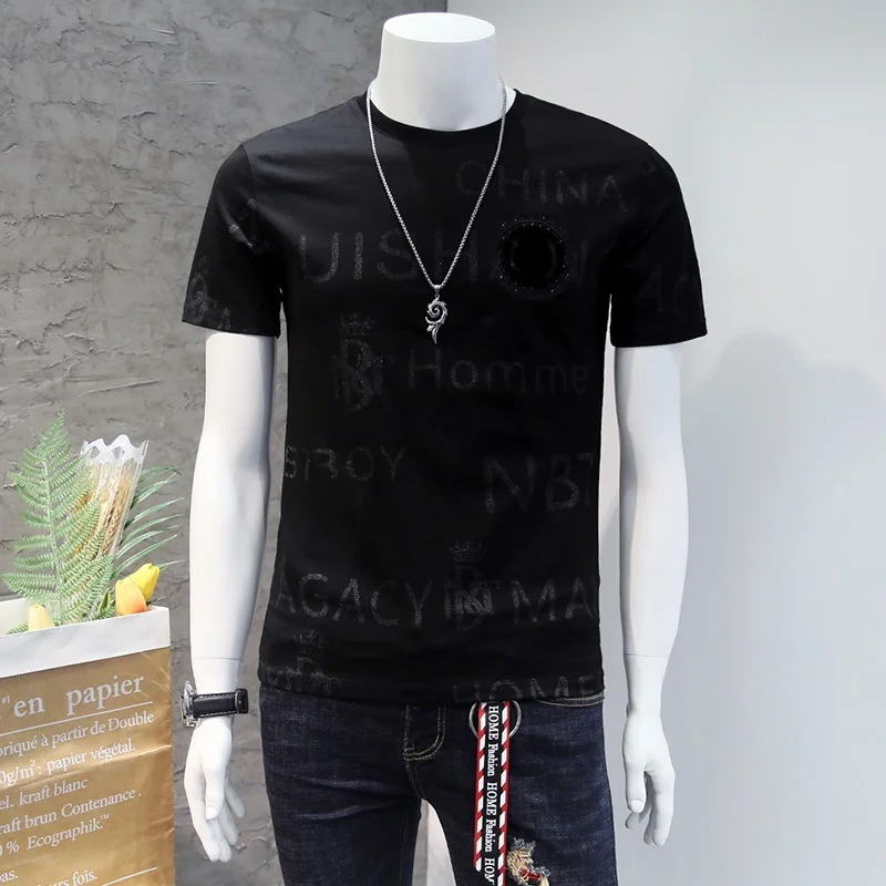 

Summer Letter Print T Shirt Men High-quality Sequins Short Sleeve T Shirts Casual O-neck Tops Streetwear Social Male Clothing