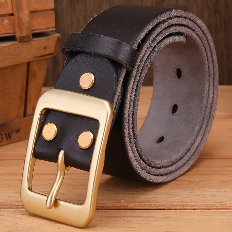 gray brass buckle Твердый латунный ремешок с пряжкой из натуральной кожи, мягкие мужские ремни, Роскошные из натуральной кожи коричневого цвета, высокое качество, 3,8 см, ковбойский стильный кофейный - Цвет: gray brass buckle