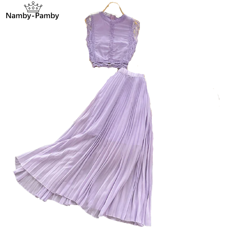 

Women's Summer Suit Korean Style Solid Color Round Neck Lace Top+high Waist Pleated Skirt Two-piece Suit New Female Sets DE457