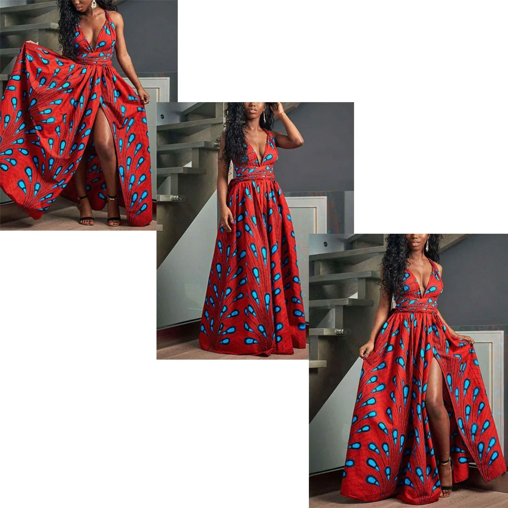 Fadzeco Summer African Dresses for Women New Fashion Robe Dashiki Dress Ethnic Print Backless Sexy African Dress