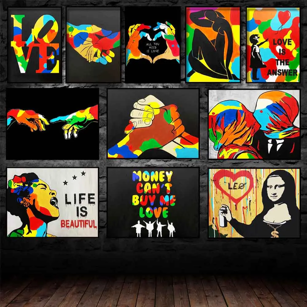 

Nordic street graffiti art canvas painting Banksy love theme poster office wall painting living room home decoration mural