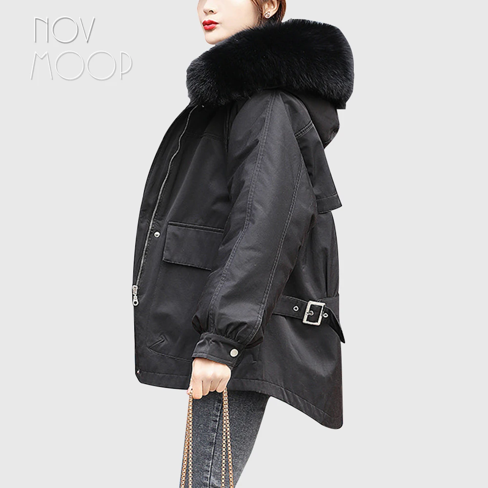 

Novmoop faux fox fur hood imitate rabbit hair liner women coat with back buckle decor adjustable belt LT3285