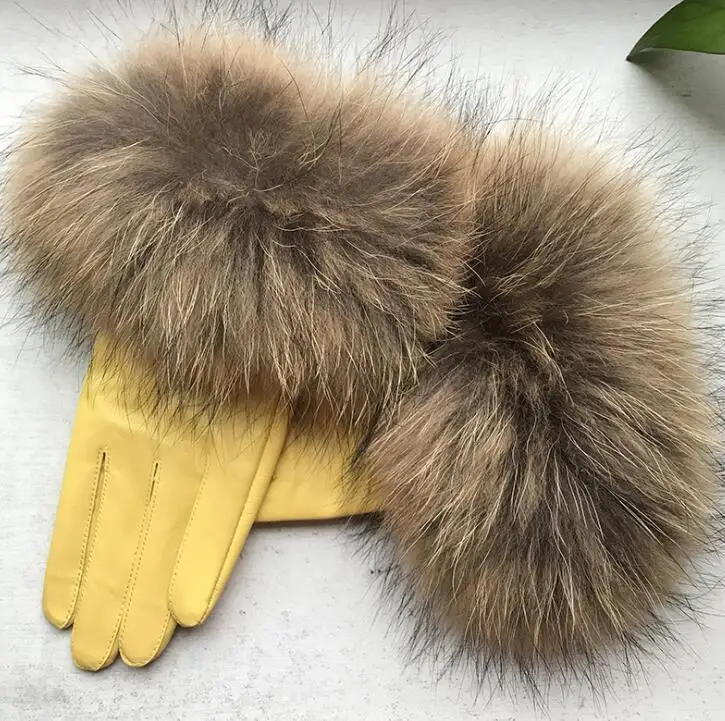 Women's natural big raccoon fur genuine leather glove lady's warm natural sheepskin leather plus size yellow driving glove R2448