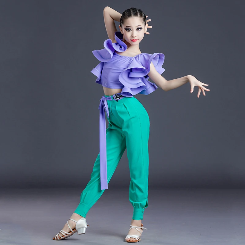 

2020 Latin Dance Costumes For Girls Lotus Leaf Sleeve Tops Pants Suits Cha Cha Samba Tap Dancing Competition Practice Clothes
