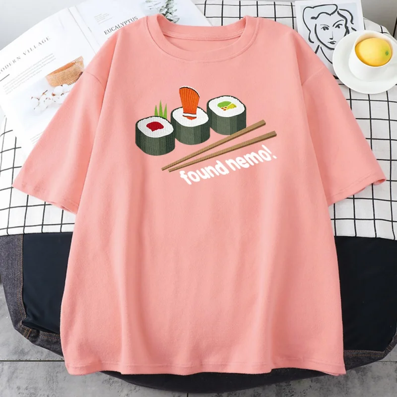 

Camiseta feminina com estampa de desenho animado para sushi, camiseta para mulheres estilo coreano, casual, verão 2021