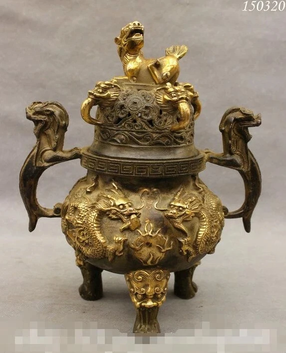 

10" Old Chinese Bronze Gilt Palace 9 Dragon Lion Statue Incense Burner Censer