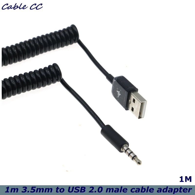 Фото Кабель-адаптер 1м, 3.5мм AUX Audio на USB 2.0 (штекер), пружинный, растягивающийся, для зарядки, подходит для автомобиля, MP3, дропшиппинг №2