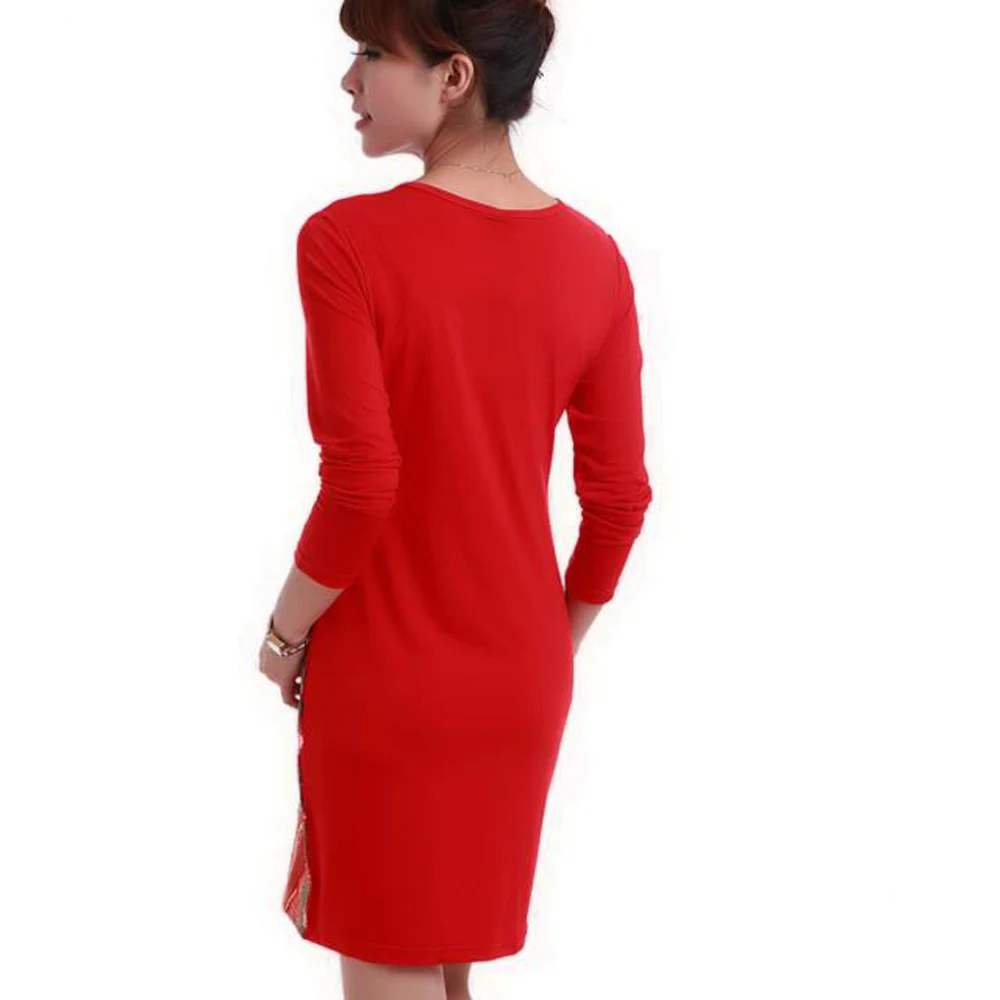 Женское платье в стиле бохо с длинным рукавом красное блестками и цветочным