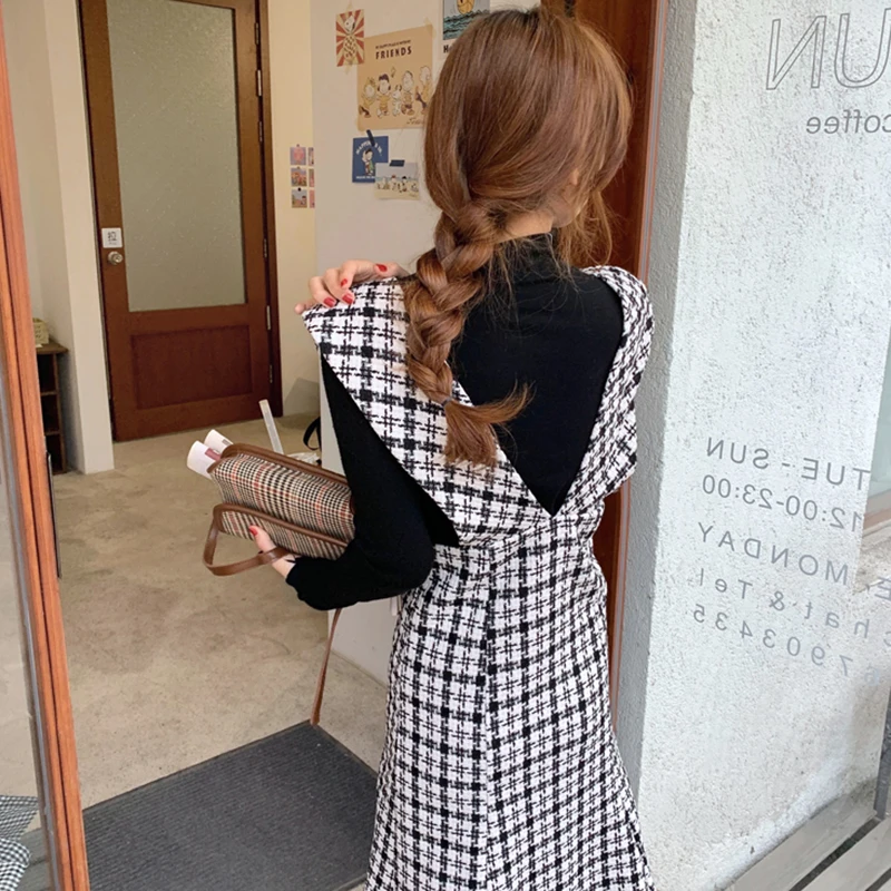 

Vintage plaid spring autumn sleeveless mermaid dress women high wasit woolen spaghetti srtap dress