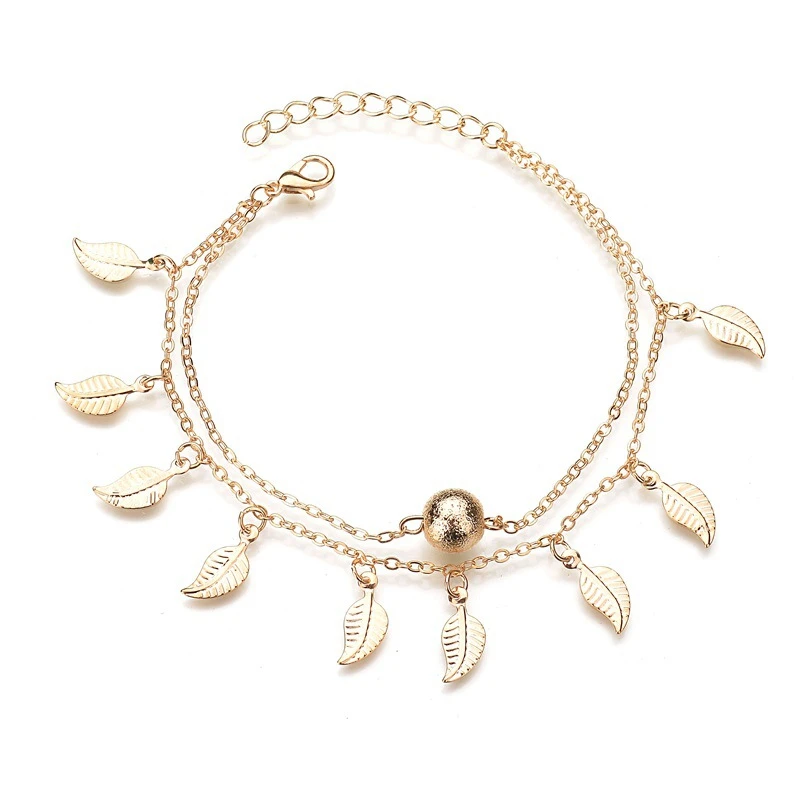 New Footwear Summer Cool Round Beads Small Leaves Tassels Double-layered Pendant Anklets For Women Girls Leg Chain Gift Jewelry | Украшения