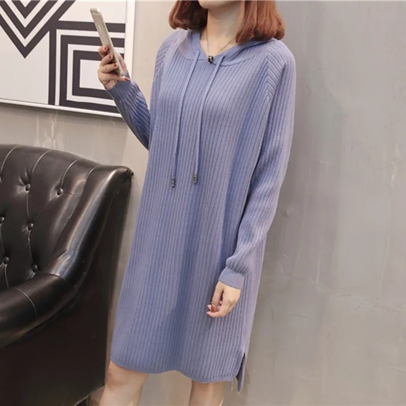 

Winter New Knitted Women Dress V-Neck Hoodes Loose Fashion Solid Knee-Length Casual Dresses Top Quality