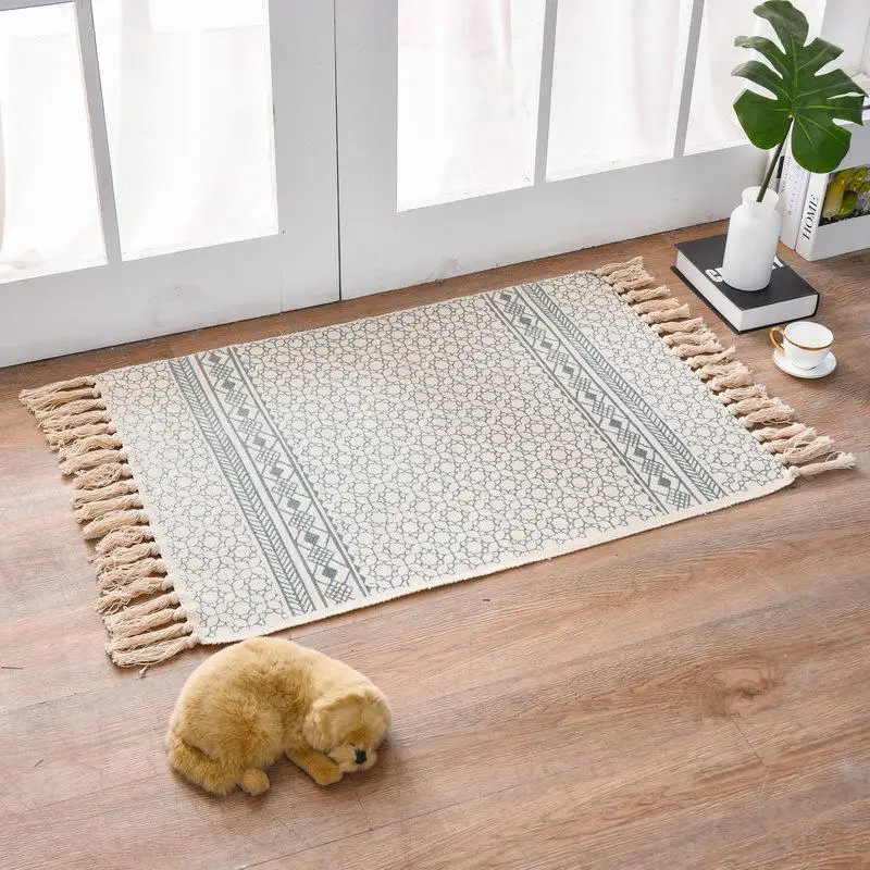 

Tufted Tassels Plain Tapestry Throw Rug Linen Cotton Rugs Woven Printed Area Floor Mat Indoor Doormat