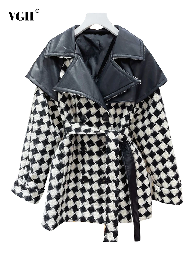 

VGH Casual Coat For Women Notched Loose Long Sleeve Double Breasted Patchwork Pockets Coats Female 2021 Autumn Fashion Clothing