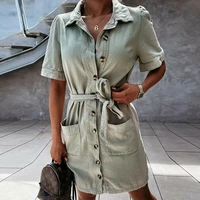 women casual solid a line single breasted sashes turn down collar short sleeve mini dress 2021 new fashion summer sexy dress