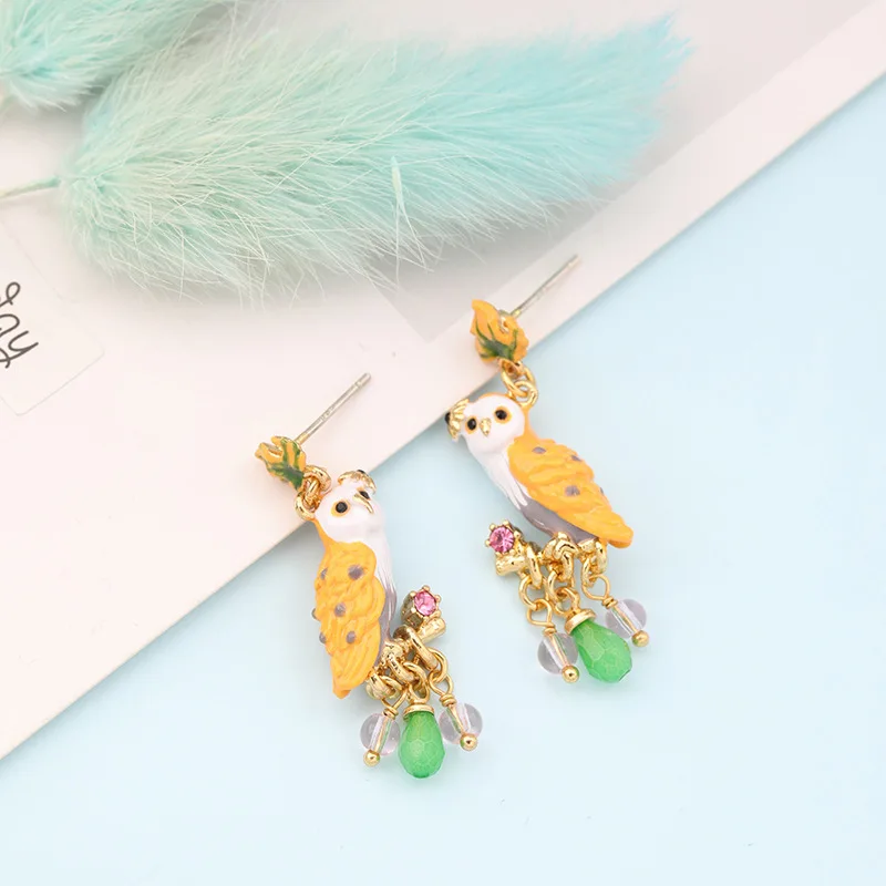 

European and American New Enamel Glaze Snow Owl Tassel Pendant Earrings Female Water Drop Owl Stud Earrings Maple Leaf Earrings