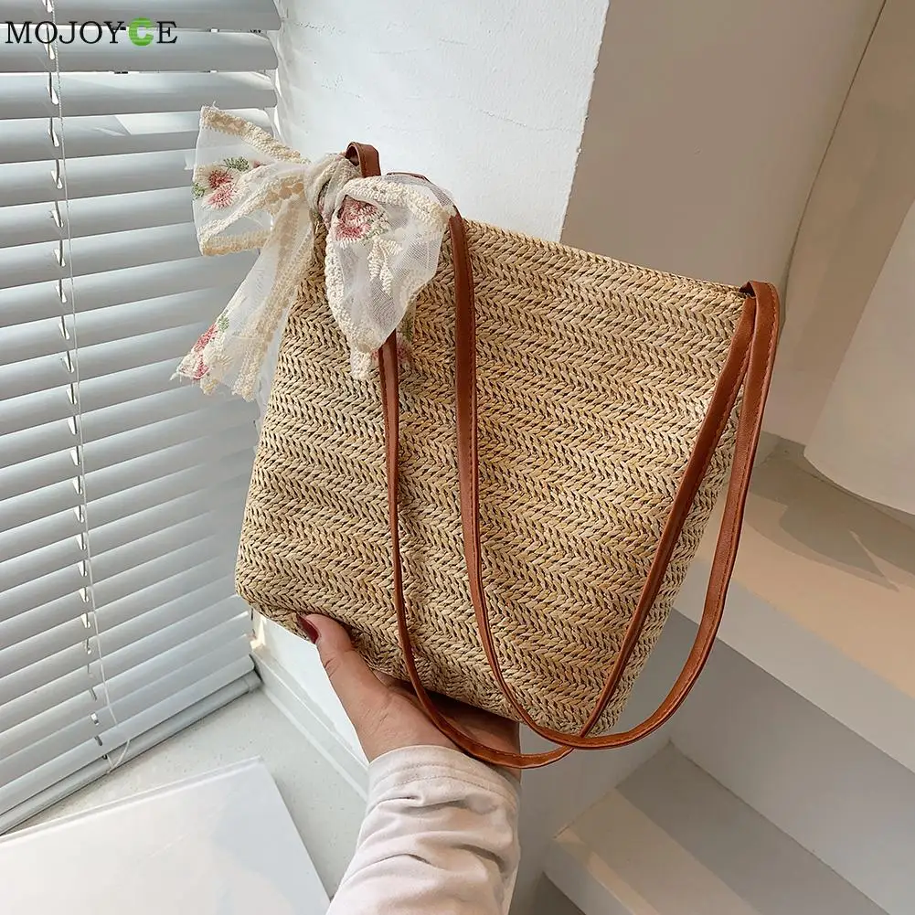 

Ladies Totes Bags Large Soft Straw Shoulder Bags for Women Lace Flower Embroidery Travel Top-Handle Handbags